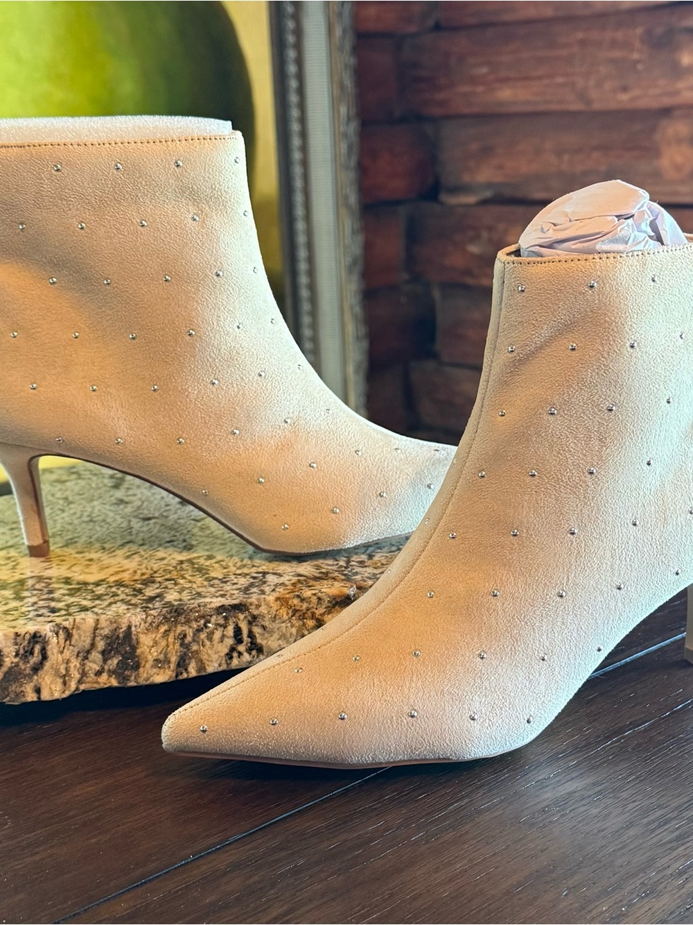 Journee Women's Beige Silver Studded Suede Pointed Toe Ankle Booties